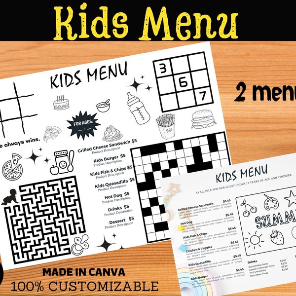 Kids Menu Design, Restaurant Menu Printable, Kids Pretend Play Chef, Restaurant, Dramatic Play for Kids ,Canva Template
