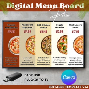 Tablero de menú de pizza digital animado en 4K / Menú editable para pantalla de TV para pizzerías, restaurantes y food trucks / Plantilla personalizable de Canva