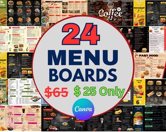 Top 24 Editable Canva Restaurant Menu Boards Bundle | Digital TV Menu Templates | Fast Food Cafe Sushi Bakery Menus, 1920x1080px