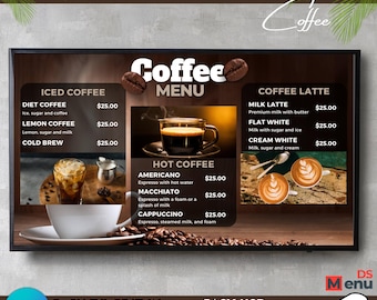 May include: A digital coffee menu board with a black frame, displaying various coffee options like iced coffee, lattes, and hot coffee. The menu includes prices and images of the drinks. The text "Coffee Menu" is at the top.