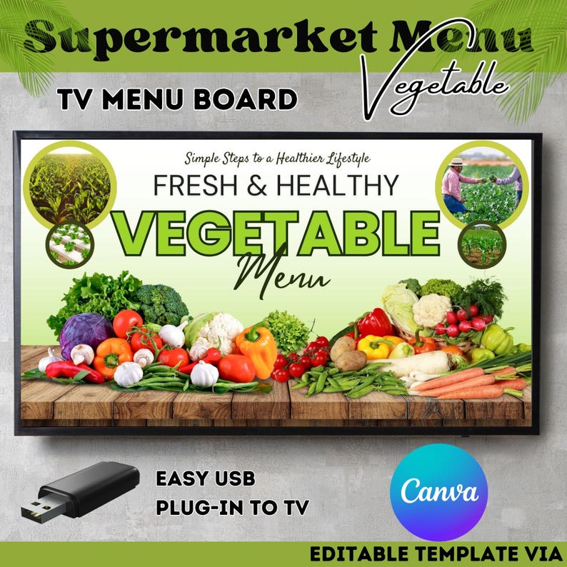 Vegetable Menu Card Vegetable Digital Menu Board Template: Editable Canva Signage (digital ...