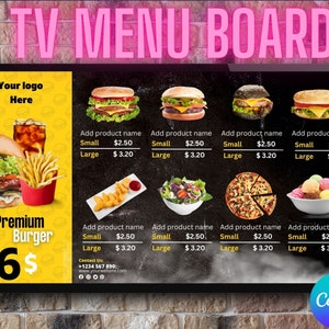 Pedido personalizado, diseñaré menús de restaurantes personalizados, volantes y menús de comida, menús de pizza, menús de TV, menús de hamburguesas, plantillas de Canva.