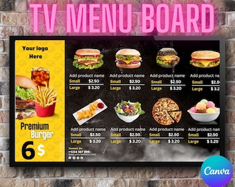Custom Restaurant TV Menu Board Design: Food Flyers, Canva Template (Digital Download)