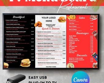 Restaurant TV Menu Board Template: Minimalist Design, Editable Canva (1920x1080px)