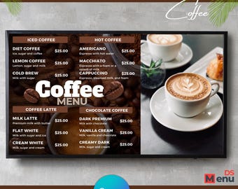 Menú digital para cafeterías: plantilla de Canva para pantallas de TV.