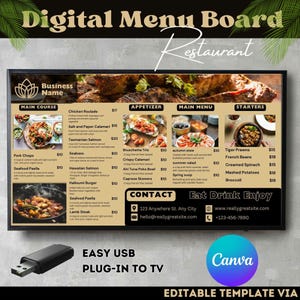 Tablero de menú digital para restaurantes / Señalización de alimentos moderna / Menú de alta resolución fácil de actualizar / Plantilla de Canva editable para alimentos