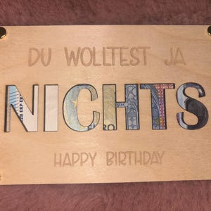 Regalo de dinero divertido / tarjeta de madera / tarjeta de regalo de dinero NADA hecho de madera / cumplidor de deseos