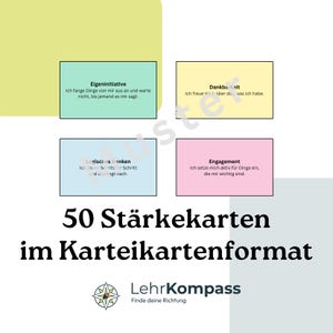Könnte beinhalten: Ein Set aus 50 Stärkekarten im Karteikartenformat von LehrKompass. Die Karten zeigen pastellfarbene Rechtecke mit deutschem Text, darunter Eigeninitiative, Dankbarkeit, Logisches Denken und Engagement. Das Logo ist ein Kompass-Symbol.