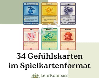 34 Emotiekaarten PDF | Emotiekaarten in speelkaartformaat voor coaching, school, therapie en persoonlijkheidsontwikkeling van kinderen