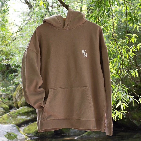vintage washed and oversized brown hoodie with white maple leaf print