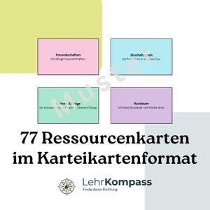 Puede incluir: Un conjunto de 77 tarjetas de recursos en formato de ficha con cuatro rectángulos de colores y texto en alemán: Freundschaften, Sinnhaftigkeit, Frühere Erfolge y Ausdauer. La parte inferior incluye el logo y texto LehrKompass.