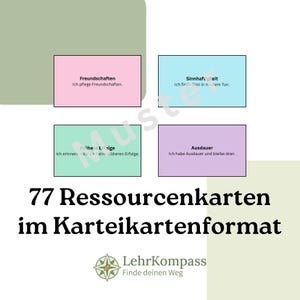 Puede incluir: Imagen de 77 tarjetas de recursos en formato de archivo de tarjetas. Las tarjetas son de varios colores pastel con texto en alemán. Las tarjetas están etiquetadas con palabras como "Amistades" y "Resistencia". El logotipo de LehrKompass está en la parte inferior.