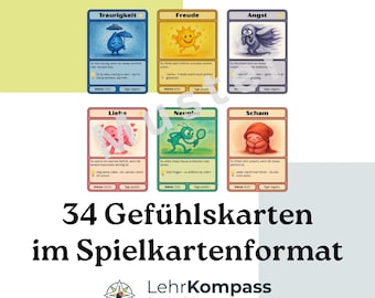 May include: A set of 34 emotion cards in playing card format featuring illustrations of feelings like sadness, joy, fear, love, curiosity, and shame. Each card displays a character, German text, and a rating scale. The logo LehrKompass is visible.