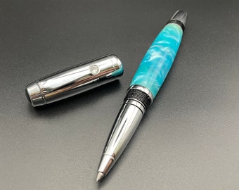 Blue Swirl Acrylic and Chrome Roller Ball Pen