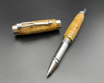 Spalted Wood Burl and Cobalt Gold / Chrome Twist Cap Roller Ball Pen