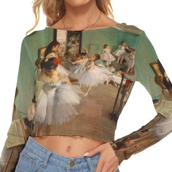 Ballerinas Sheer Mesh Women's Crop top, Graphic print T-shirt of the Dance Class by Edgar Degas, Impressionism see through blouse