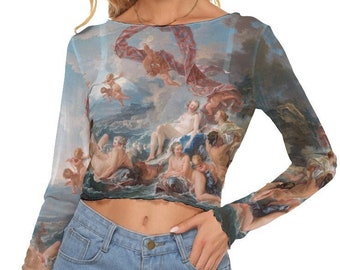 Rococo The Triumph of Venus Women's Sheer Mesh crop top, original painting by François Boucher, Love and lust art, Mesh Blouse