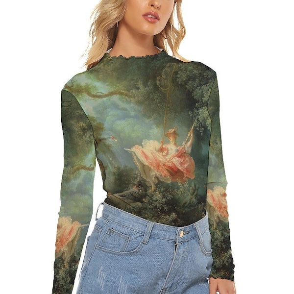 Haut en filet transparent Rococo The Swing pour femmes, chemise peinture transparente par Jean-Honoré Fragonard, t-shirt artistique transparent, art classique vintage