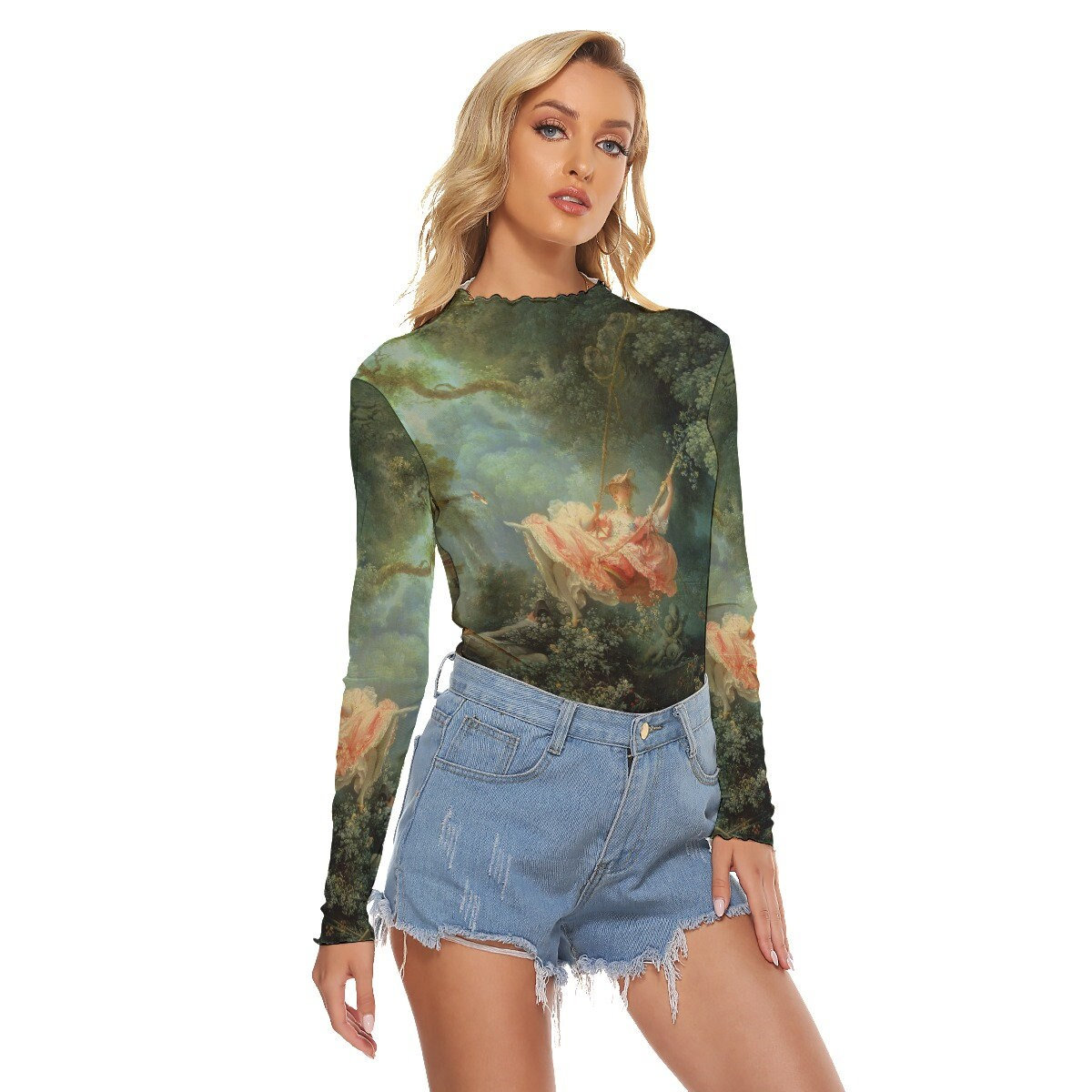 Sheer Mesh Tee Long Sleeve Blue with Raw Hem Pop Art – Complimentrix