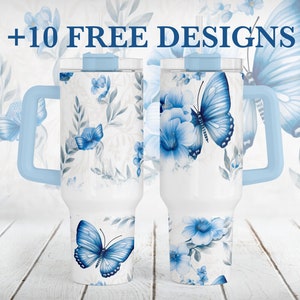 Blau weiße Blumen Becher Png-Dateien für 40 Unzen Becher Sublimation Design Schmetterlinge Becher Wrap Designs Tumbler Vorlage Geschenk für Mama