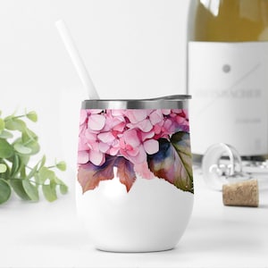 Wine Tumbler Wrap With Pink Hydrangea, Wedding Sublimation Designs Downloads For Wine Cups, Bride Wine Tumbler Template With Pink Flowers