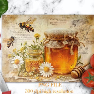 May include: A vintage-style kitchen cutting board with a honey jar, a small jar of honey, and bees. The cutting board has a rustic background with a floral design and the words "The King of the Honeycomb" printed on it.