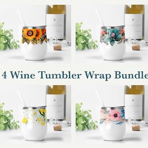 Pacote de embalagem para copo de vinho com flores rosa, downloads de design de sublimação, pacote de modelos de copo floral de 12 oz, copo de vinho de casamento de 12 oz PNG
