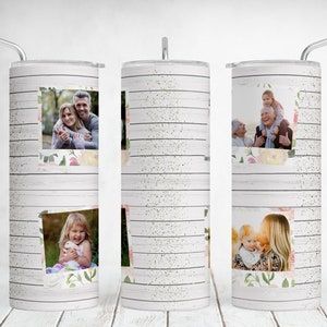 Tumbler fotografico con cornici floreali, modello per tumbler sottile da 20 once per 4 foto, design a sublimazione Cottagecore, tumbler personalizzato Png