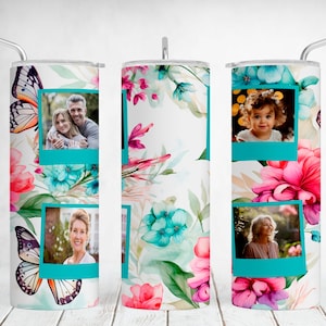 Obrazek Tumbler Wrap Motyle Kwiatowy Tumbler Sublimacja Wzory Dla 20OZ Skinny Cup Obraz Bezszwowy Tumbler Pliki Png Z 4 Ramkami Na Zdjęcia