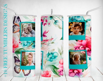 Picture Tumbler Wrap Butterflies Floral Tumbler Sublimation Designs For 20OZ Skinny Cup Image Seamless Tumbler Png Files With 4 Photo Frames