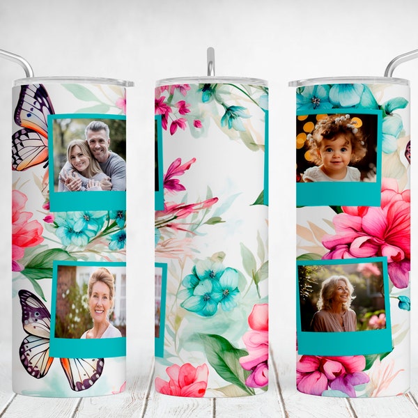 Picture Tumbler Wrap Butterflies Floral Tumbler Sublimation Designs For 20OZ Skinny Cup Image Seamless Tumbler Png Files With 4 Photo Frames