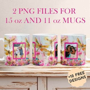 Plantilla de taza con foto con 2 marcos de 15 oz y 11 oz, envoltura de taza personalizada para 2 imágenes, diseños de sublimación de mariposas de oro rosa, taza de café en formato PNG