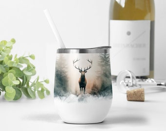 12 oz wijnbeker wrap met hert, natuursublimatieontwerp, bekersjabloon heren, bosbeker png, vaderdagcadeau voor echtgenoot