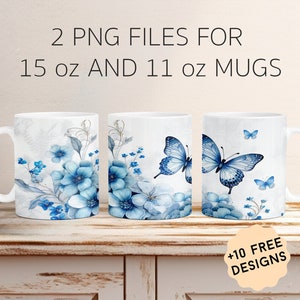 Emballage de tasse papillon avec des motifs de sublimation de fleurs bleues et blanches pour une tasse de 15 oz et 11 oz Modèle de tasse à café floral PNG, cadeau de fête des mères pour maman