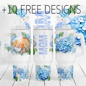 40 Unzen Bild Tumbler Wrap mit blauen Blumen Personalisierter Foto Tumbler Png für Sublimation Designs Muttertags Tumbler Vorlage für Mama
