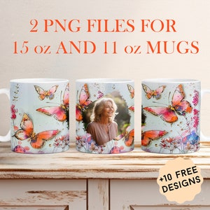 Emballage photo personnalisable pour grand-mère, sublimation de papillons pour 45 gram 11 oz, emballage photo de tasse avec fleurs, modèle de tasse à café
