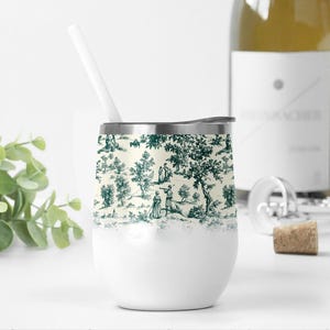 Wijnbeker Wrap Franse Toile de Jouy-wijnbekersjabloon Groen Wit Chinoiserie Toile Png-sublimatieontwerpen voor 12 oz wijnbekers