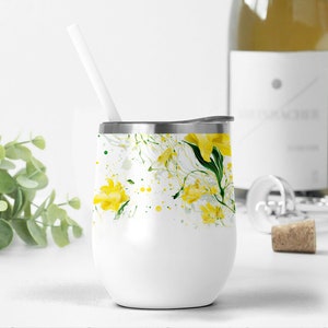 Wine Tumbler Wrap Designs, Yellow Flowers Png For Sublimation Designs, Floral Wine Cup Template, Bride Wine Tumbler Png With Irises