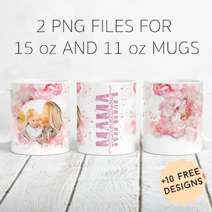 Envoltura de taza con foto para 1 foto Diseños de sublimación de taza personalizados para taza de café de 15 oz y 11 oz Plantilla de taza floral Regalos personalizados para el Día de la Madre