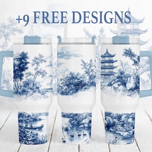 40 oz Tumbler Wrap Franse Toile de Jouy-bekersjabloon Blauw Wit Chinoiserie Toile Png-sublimatieontwerpen voor 40oz Quencher-bekers