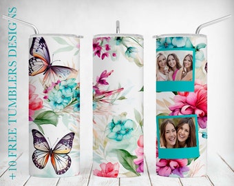 Picture Tumbler Wrap Butterflies Floral Tumbler Sublimation Designs For 20OZ Skinny Cup Image Seamless Tumbler Png Files With 2 Photo Frames