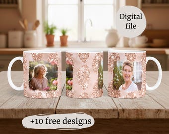 Photo Mug Png With 2 Frames For 15 oz Cup, Personalised Picture Mug Wrap Sublimation Designs, Custom Photo Coffee Mug Png, Gift For Grandma