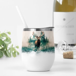 12 oz Weinbecher Wrap Designs, grüner Wald Png für Sublimationsentwürfe, Männer Weinbecher Vorlage mit Hirsch, Natur 12 oz Tumble Png