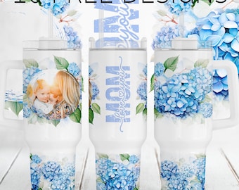 40 oz Picture Tumbler Wrap With Blue Flowers, Personalised Photo Tumbler Png For Sublimation Designs, Mother's Day Tumbler Template For Mom