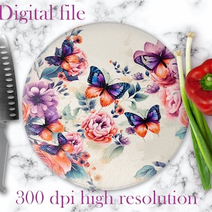 Planche à découper png avec papillons, planches à découper rondes à télécharger, modèles de planches à découper en verre à fleurs, cadeaux pour maman