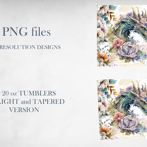 May include: Two digital PNG files featuring high-resolution designs for 20 oz tumblers, including straight and tapered versions. The artwork displays a detailed dragon head surrounded by a watercolor floral arrangement in shades of blue, purple, and orange.