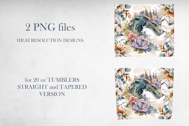 May include: Two digital PNG files featuring high-resolution designs for 20 oz tumblers, including straight and tapered versions. The artwork displays a detailed dragon head surrounded by a watercolor floral arrangement in shades of blue, purple, and orange.