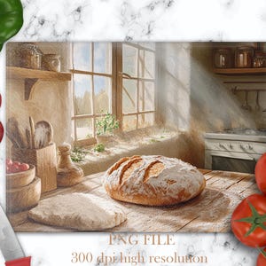 May include: A rustic kitchen scene with a loaf of freshly baked bread on a wooden table. Sunlight streams through a window, illuminating the bread and the surrounding kitchen.