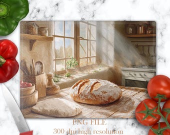 May include: A rustic kitchen scene with a loaf of freshly baked bread on a wooden table. Sunlight streams through a window, illuminating the bread and the surrounding kitchen.