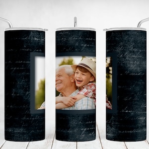 Envoltura para vaso con marco de fotos para hombre, diseños de sublimación para tazas delgadas de 20 oz, vaso con imagen y foto, negro sin costuras, regalo para el Día del Padre.